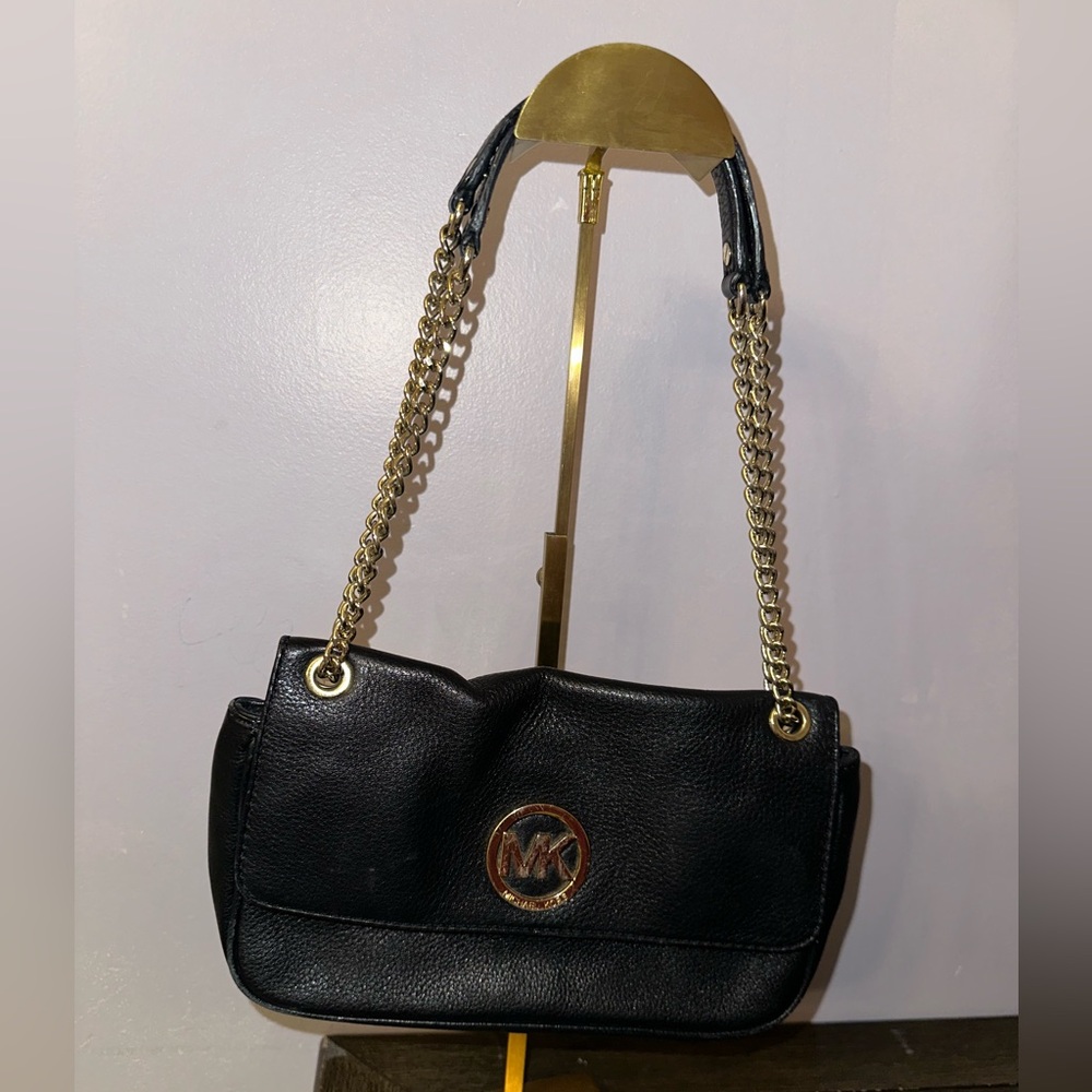 Michael Kors Fulton Flap Black Pebbled Small Leather Shoulder Bag Purse